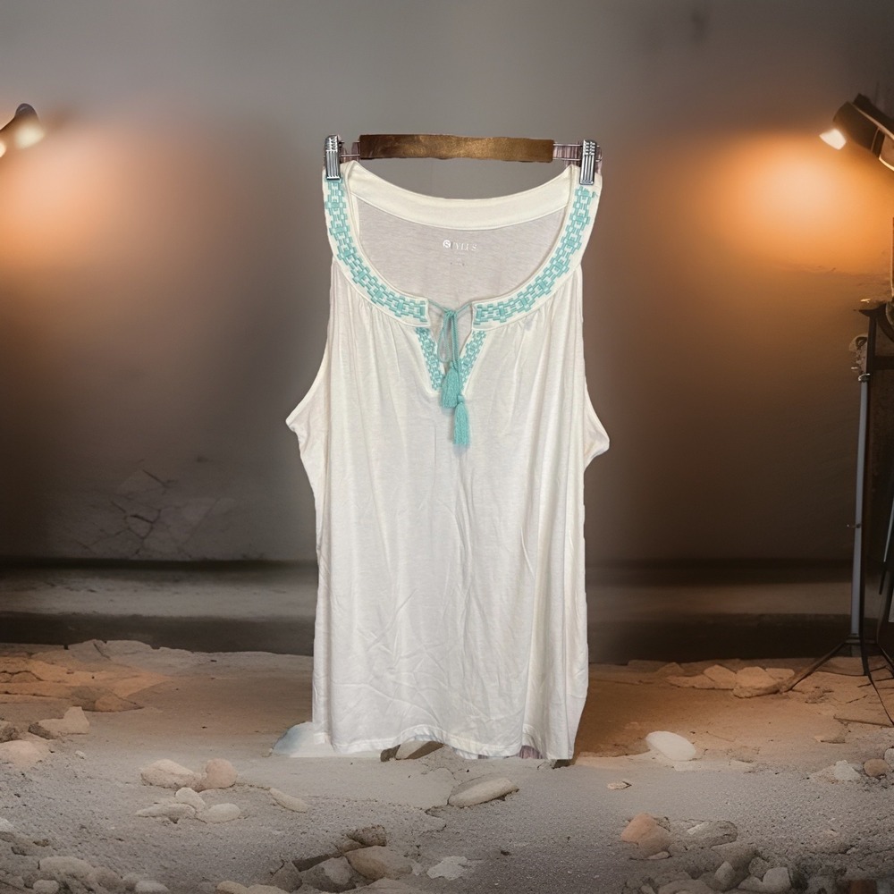 Style & Co Woman 2X White Sleeveless Peasant Top Aqua Embroidered Tassel